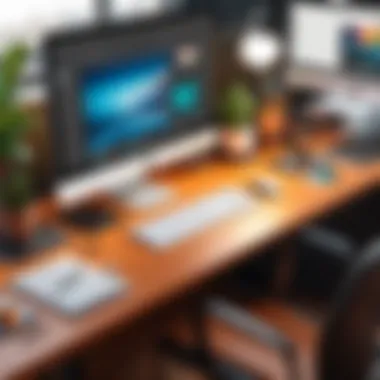 Creative Workspace Utilizing Various Software A creative workspace filled with digital design projects