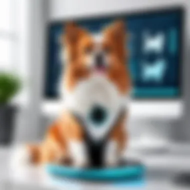 Innovative Pet Grooming Solutions A pet grooming session with advanced software interface displayed