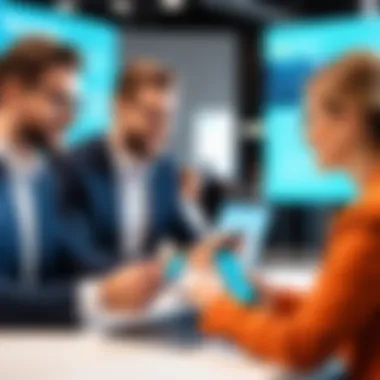 Engagement in Networking Professionals engaging with a networking app at a conference setting.