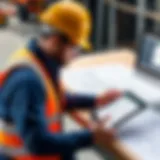 Professional reviewing construction drawings on a tablet