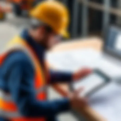 Professional reviewing construction drawings on a tablet