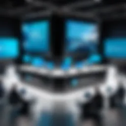 A virtual conference setup with multiple screens displaying speakers and attendees