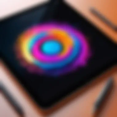 Vibrant Digital Artwork on iPad An iPad showcasing a vibrant digital artwork created with a stylus.