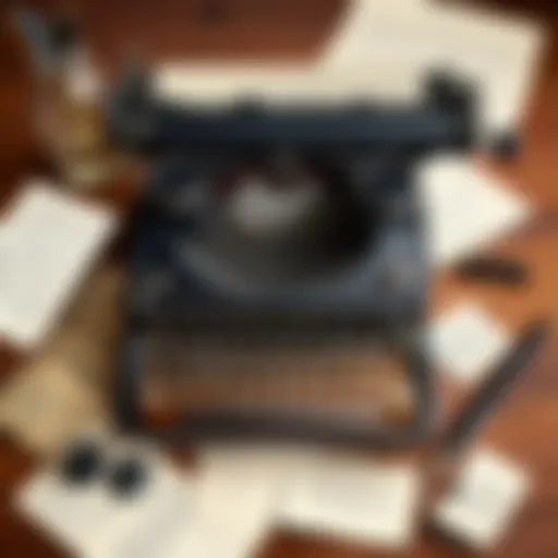A writer's desk with a vintage typewriter and screenwriting notes scattered around.