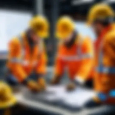 Workers collaborating on a construction site with safety gear