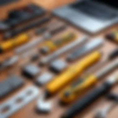 Diverse construction tools arranged on a wooden surface