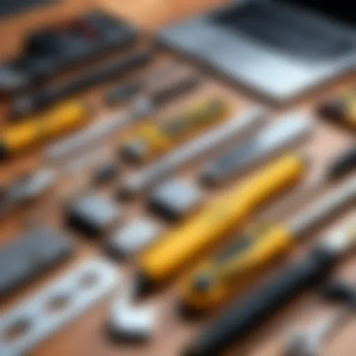 Diverse construction tools arranged on a wooden surface