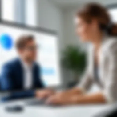 Professional Client Discussion on Software Features A professional discussing software features with a client in a real estate context.