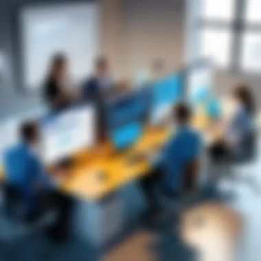 A collaborative workspace with team members discussing strategies using digital tools