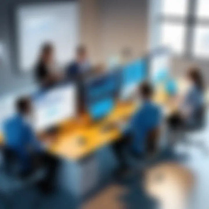 A collaborative workspace with team members discussing strategies using digital tools